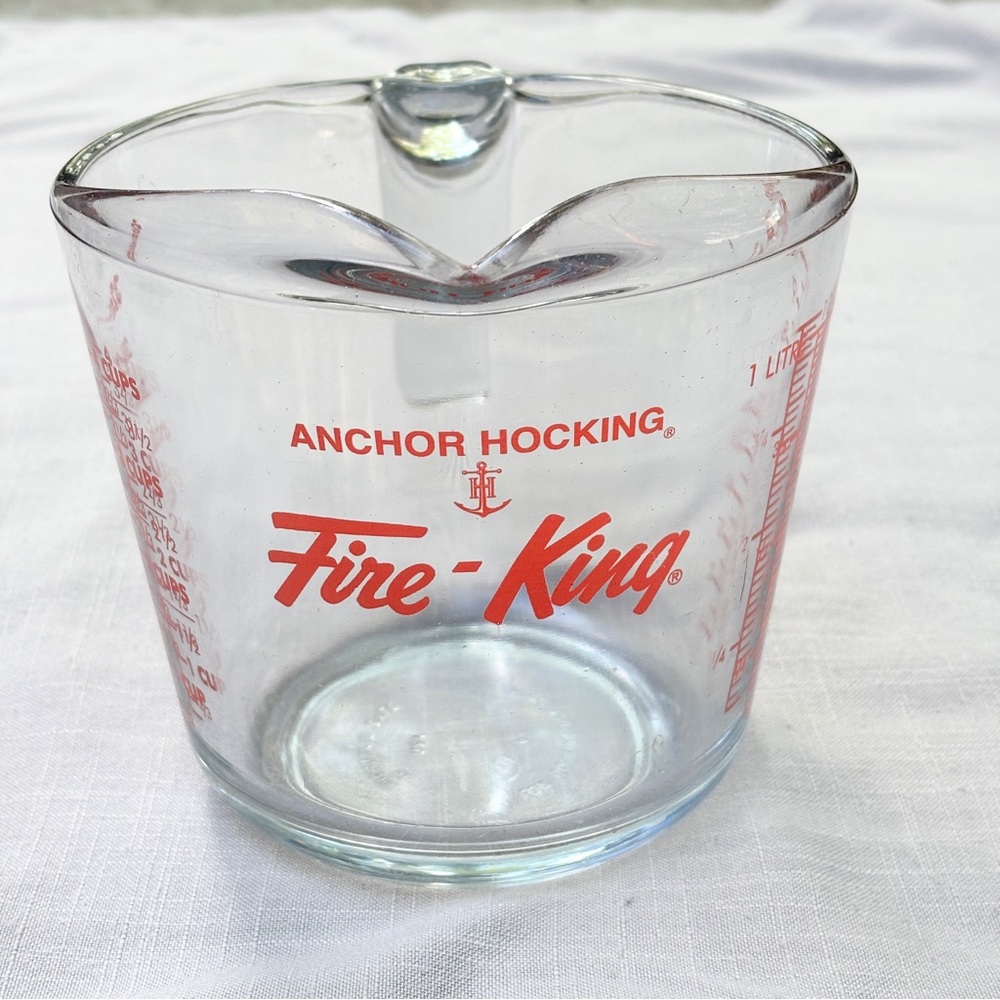 Vtg Anchor Hocking USA Fire-King 4 Cup 1 L 32 Oz Glass Measuring Cup Red Letters